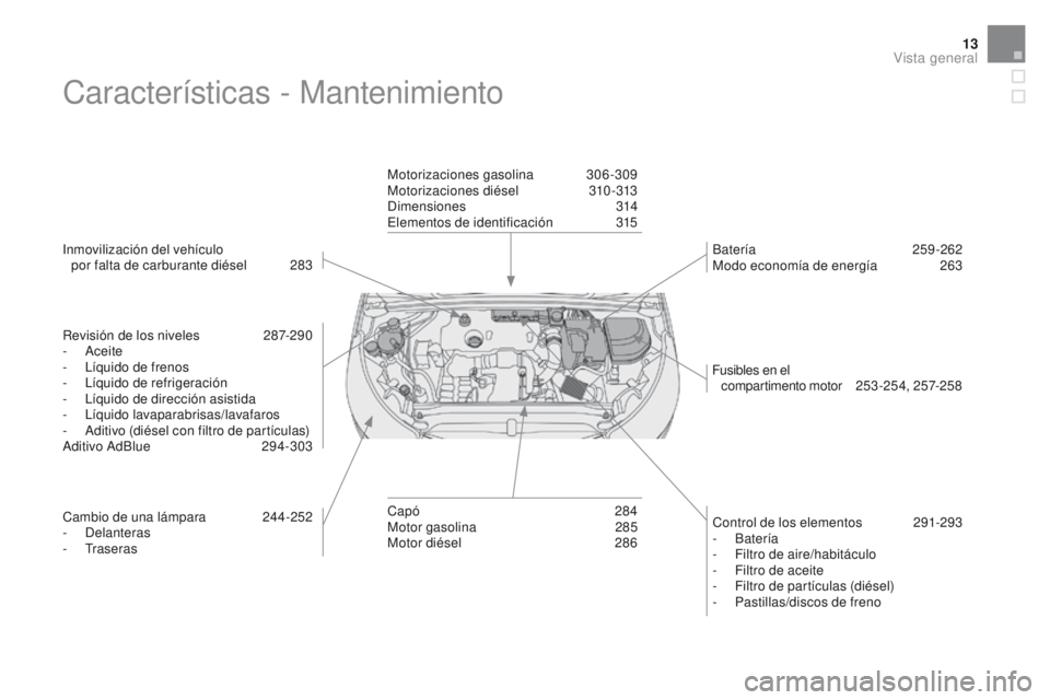 CITROEN DS4 2016  Manuales de Empleo (in Spanish) 13
DS4_es_Chap00b_vue-ensemble_ed03-2015
Características - Mantenimiento
Inmovilización del vehículo  por falta de carburante diésel  2 83
Revisión de los niveles
 
2
 87-290
-
  Aceite
-
 
L
 í