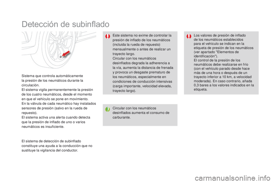 CITROEN DS4 2016  Manuales de Empleo (in Spanish) DS4_es_Chap08_conduite_ed03-2015
Detección de subinflado
Sistema que controla automáticamente 
la presión de los neumáticos durante la 
circulación.
El sistema vigila permanentemente la presión 