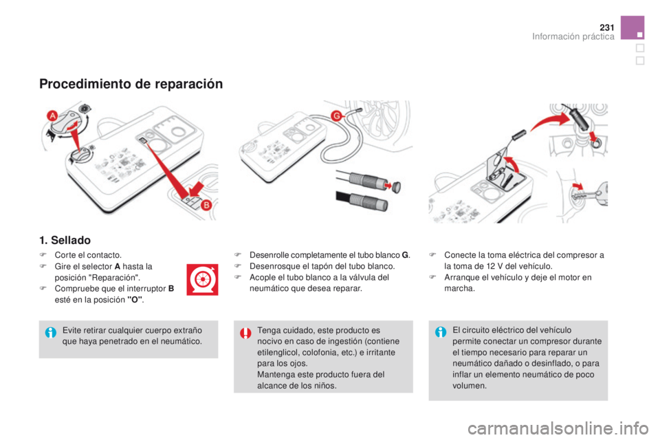 CITROEN DS4 2016  Manuales de Empleo (in Spanish) 231
DS4_es_Chap09_info-pratiques_ed03-2015
1. Sellado
F Desenrolle completamente el tubo blanco G.
F  D esenrosque el tapón del tubo blanco.
F
 
A
 cople el tubo blanco a la válvula del 
neumático 