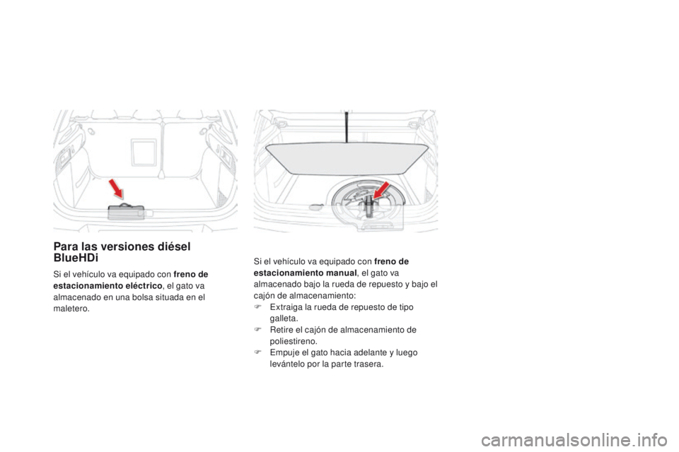 CITROEN DS4 2016  Manuales de Empleo (in Spanish) DS4_es_Chap09_info-pratiques_ed03-2015
Para las versiones diésel 
BlueHDi
Si el vehículo va equipado con freno de 
estacionamiento manual, el gato va 
almacenado bajo la rueda de repuesto y bajo el 