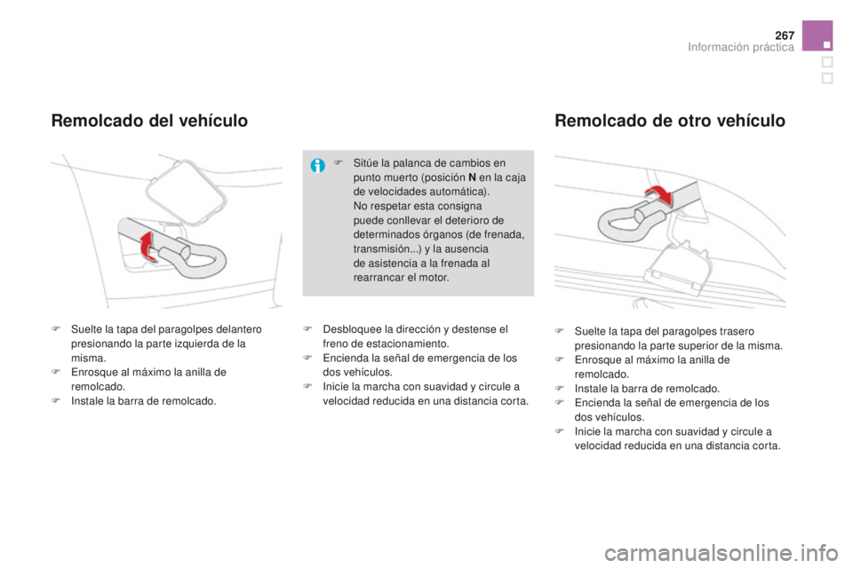 CITROEN DS4 2016  Manuales de Empleo (in Spanish) 267
DS4_es_Chap09_info-pratiques_ed03-2015
F Suelte la tapa del paragolpes delantero presionando la parte izquierda de la 
misma.
F
 
E
 nrosque al máximo la anilla de 
remolcado.
F
 
I
 nstale la ba