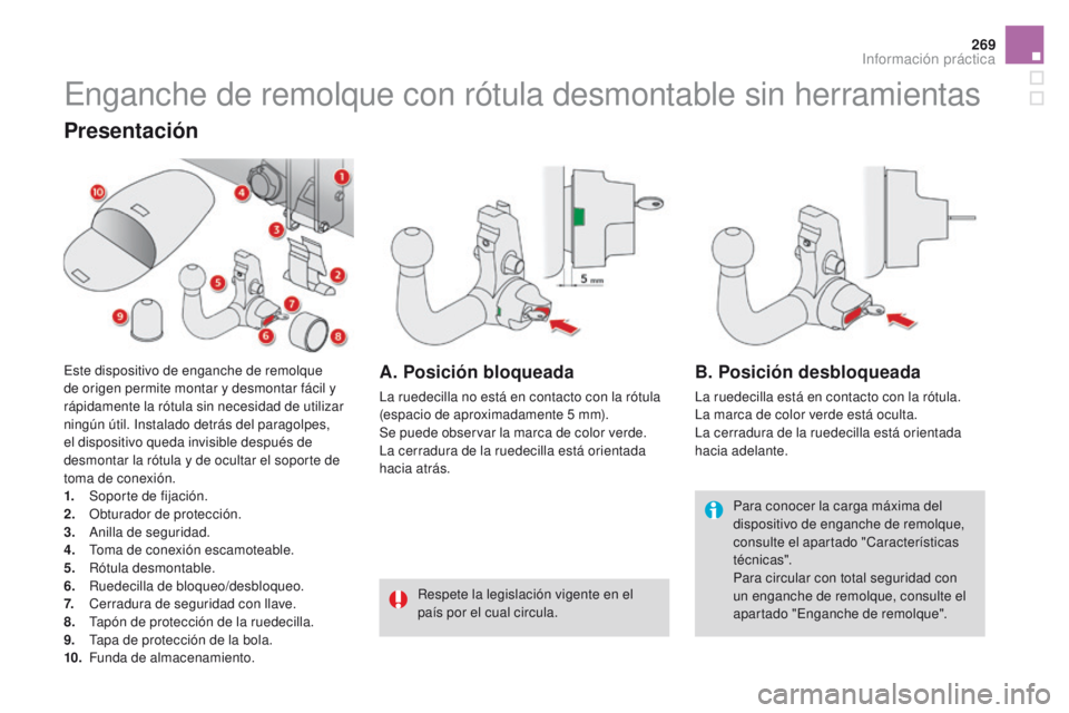 CITROEN DS4 2016  Manuales de Empleo (in Spanish) 269
DS4_es_Chap09_info-pratiques_ed03-2015
Enganche de remolque con rótula desmontable sin herramientas
Para conocer la carga máxima del 
dispositivo de enganche de remolque, 
consulte el apartado &