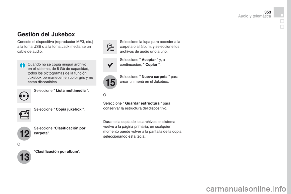CITROEN DS4 2016  Manuales de Empleo (in Spanish) 12
13
15
353
DS4_es_Chap12c_SMEGplus_ed03-2015
Gestión del Jukebox
Conecte el dispositivo (reproductor MP3, etc.) 
a la toma USB o a la toma Jack mediante un 
cable de audio.Cuando no se copia ningú