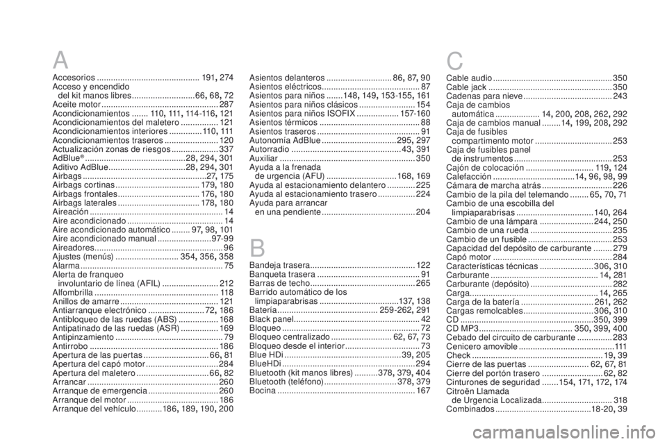 CITROEN DS4 2016 Manuales de Empleo (in Spanish) DS4_es_Chap13_index-alpha_ed03-2015
A
Accesorios ............................................ 191, 2 74
Acceso y encendido del kit manos libres
...........................66, 68 , 72
Aceite motor
CITROEN DS4 2016 Manuales de Empleo (in Spanish) DS4_es_Chap13_index-alpha_ed03-2015
A
Accesorios ............................................ 191, 2 74
Acceso y encendido del kit manos libres
...........................66, 68 , 72
Aceite motor