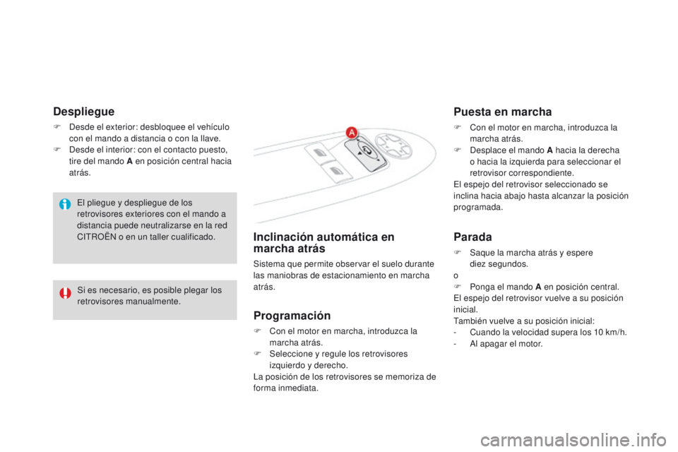CITROEN DS4 2016  Manuales de Empleo (in Spanish) DS4_es_Chap03_confort_ed03-2015
Despliegue
F Desde el exterior: desbloquee el vehículo con el mando a distancia o con la llave.
F
 
D
 esde el interior: con el contacto puesto, 
tire del mando A en p