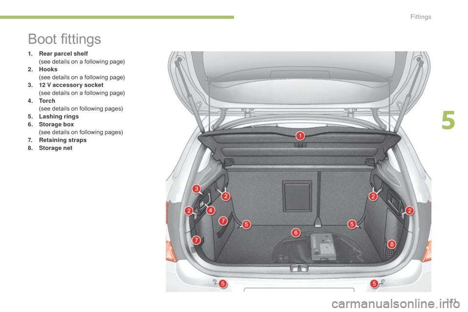Citroen C4 2014.5 2.G Owners Guide 111
Boot fittings
1. Rear parcel shelf (see  details  on  a  following  page)
2.
Hoo
ks
 (
see  details  on  a  following  page)
3.
1
2 V accessory socket
 (
see  detai Citroen C4 2014.5 2.G Owners Guide 111
Boot fittings
1. Rear parcel shelf (see  details  on  a  following  page)
2.
Hoo
ks
 (
see  details  on  a  following  page)
3.
1
2 V accessory socket
 (
see  detai
