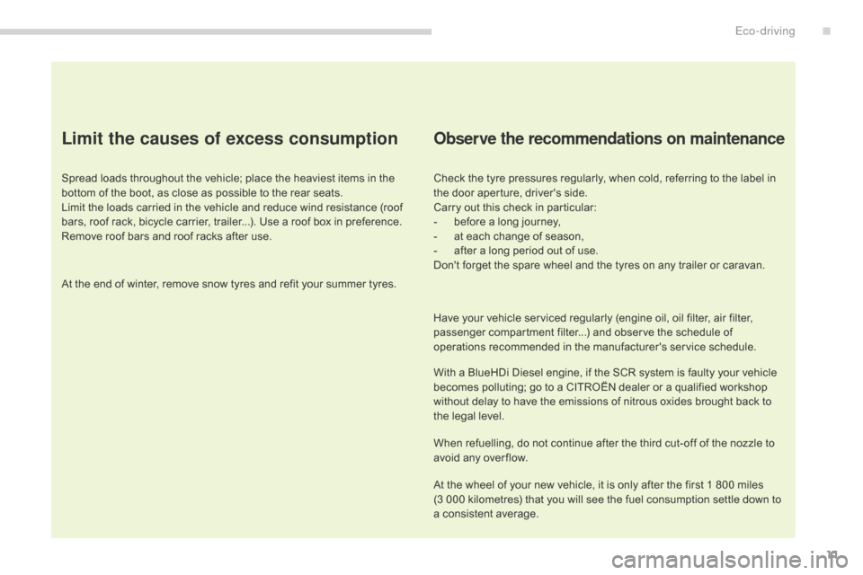 Citroen C4 2014.5 2.G User Guide 11
Limit the causes of excess consumption
Spread loads throughout the vehicle; place the heaviest items in the bottom   of   the   boot,   as   close   as   possible   to   the   