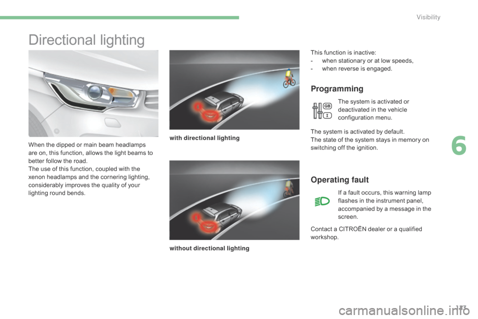 Citroen C4 2014.5 2.G Owners Manual 123
Directional lighting
Programming
with directional lighting
without directional lighting
When
 
the
 
dipped
 
or
 
main
 
beam
 
headlamps
 
a

re
 
on,
 
this
 
function,
 
allows
 
