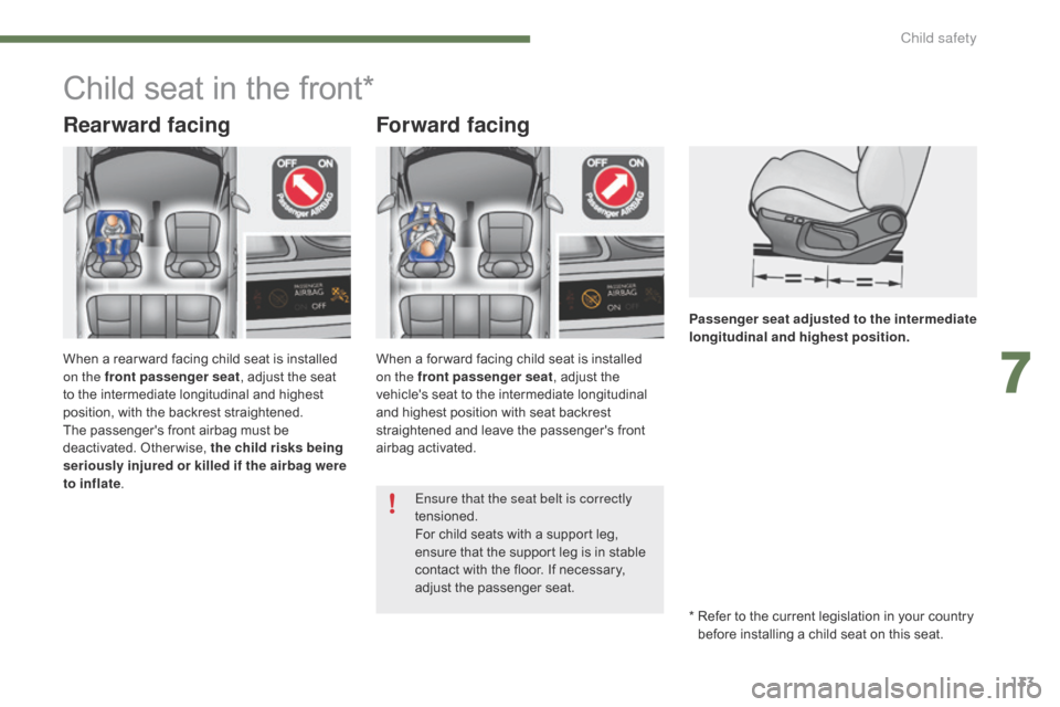 Citroen C4 2014.5 2.G Owners Manual 133
Passenger seat adjusted to the intermediate 
longitudinal and highest position.
Child seat in the front*
Rearward facingForward facing
When a rear ward facing child seat is installed o