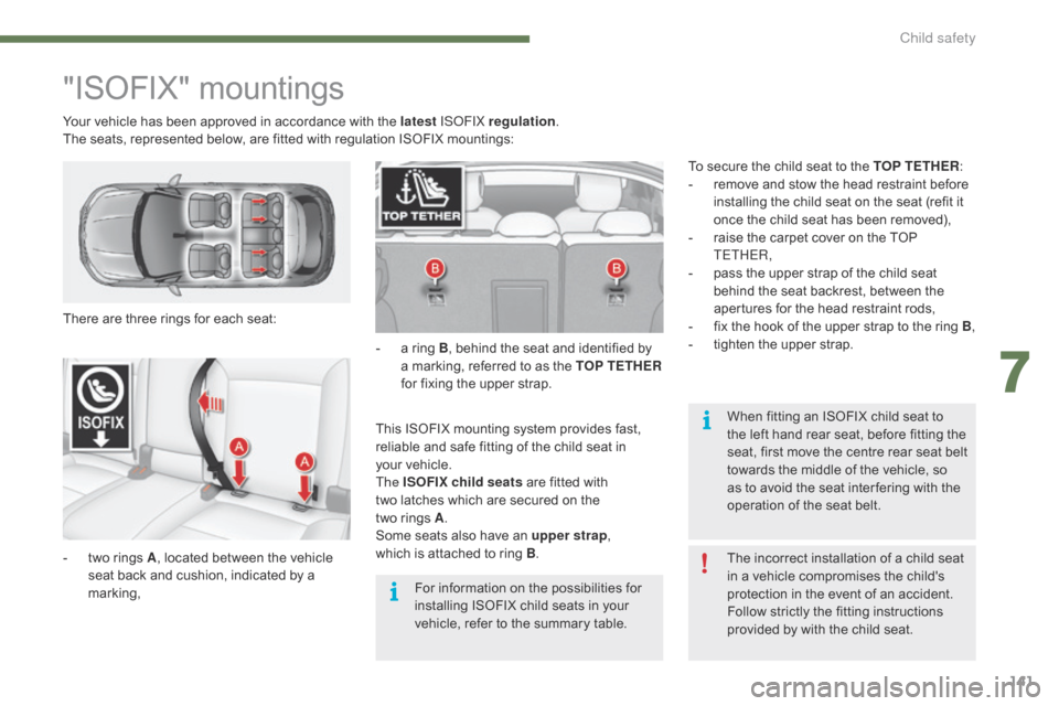 Citroen C4 2014.5 2.G Owners Manual 141
"ISOFIX"Â mountings
There are three rings for each seat:
- Â
t
wo  rings  A,
 located  between  the  vehicle Â
s
eat  back  and  cushion,  indicated  by  a Â
m
Citroen C4 2014.5 2.G Owners Manual 141
"ISOFIX"Â mountings
There are three rings for each seat:
- Â
t
wo  rings  A,
 located  between  the  vehicle Â
s
eat  back  and  cushion,  indicated  by  a Â
m