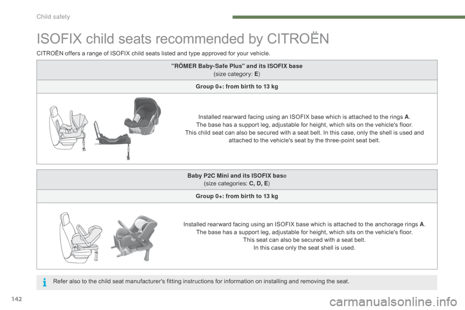 Citroen C4 2014.5 2.G Owners Manual 142
ISOFIX child seats recommended by CITROËN
CITROËN offers a range of ISOFIX child seats listed and type approved for your vehicle.
R efer  also  to  the  child  seat Citroen C4 2014.5 2.G Owners Manual 142
ISOFIX child seats recommended by CITROËN
CITROËN offers a range of ISOFIX child seats listed and type approved for your vehicle.
R efer  also  to  the  child  seat