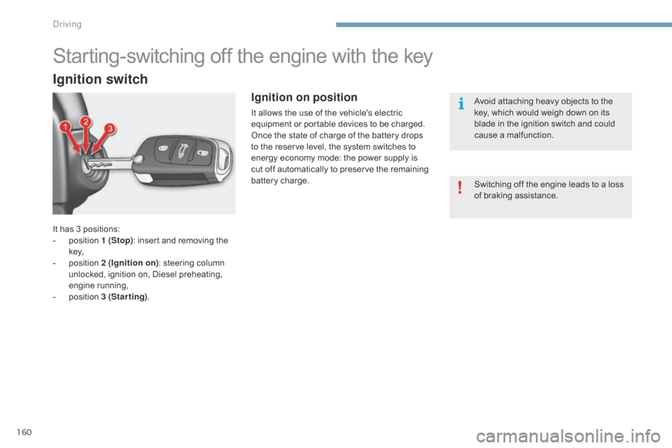 Citroen C4 2014.5 2.G Owners Manual 160
It has 3 positions:
- p osition 1 (Stop):
insert and removing the
k
ey,
-
p
osition 2 (Ignition on) :
steering column
u
nlocked, ignition on, Dies Citroen C4 2014.5 2.G Owners Manual 160
It has 3 positions:
- p osition 1 (Stop):
insert and removing the
k
ey,
-
p
osition 2 (Ignition on) :
steering column
u
nlocked, ignition on, Dies