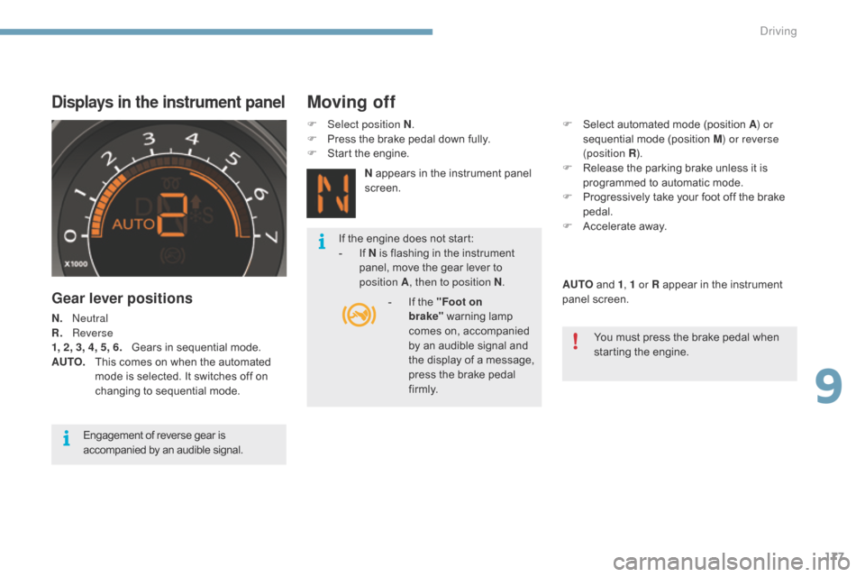 Citroen C4 2014.5 2.G Service Manual 177
Displays in the instrument panel
Gear lever positions
N. neutral
R.
R everse
1, 2, 3, 4, 5, 6.
Â
G
ears  in  sequential  mode.
AUTO.
 Â
Â
T
his  comes  on  when  the  Citroen C4 2014.5 2.G Service Manual 177
Displays in the instrument panel
Gear lever positions
N. neutral
R.
R everse
1, 2, 3, 4, 5, 6.
Â
G
ears  in  sequential  mode.
AUTO.
 Â
Â
T
his  comes  on  when  the Â