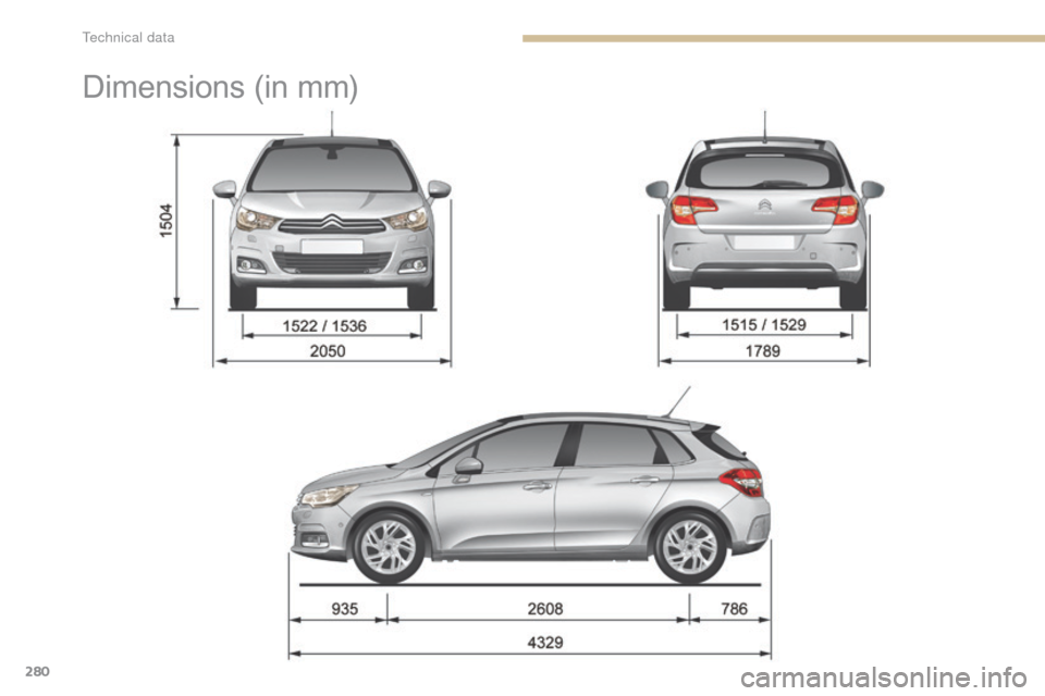 Citroen C4 2014.5 2.G Owners Manual 280
Dimensions (in m m)
T Citroen C4 2014.5 2.G Owners Manual 280
Dimensions (in m m)
T