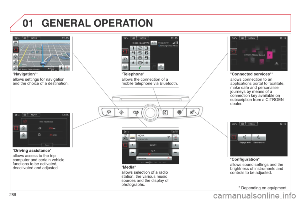 Citroen C4 2014.5 2.G Owners Manual 01GENERAL OPERATION
286 *   Depending   on   equipment.
"Driving assistance"
allows access to the trip 
computer
  and   certain   vehicle  
functions

  to   be   activated,  
deactivated
