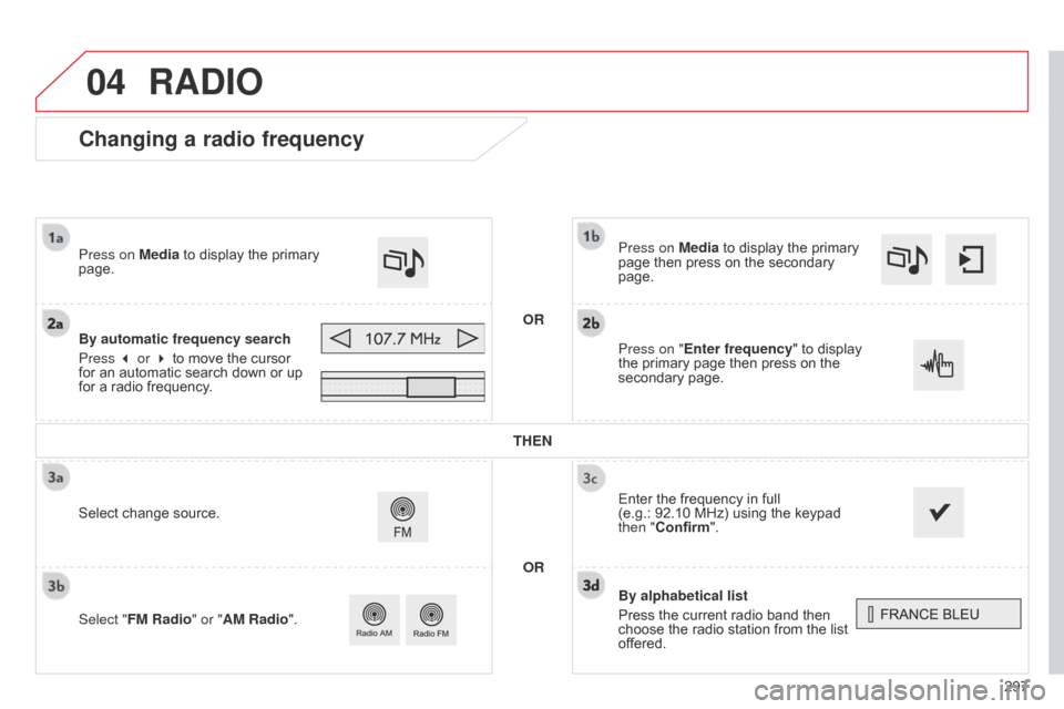 Citroen C4 2014.5 2.G Manual PDF 04
297
Changing a radio frequency
By alphabetical list
Press the  current  radio  band  then Â
choose
 the  radio  station  from  the  list Â
of
fered.
Press on Media
 to  Citroen C4 2014.5 2.G Manual PDF 04
297
Changing a radio frequency
By alphabetical list
Press the  current  radio  band  then Â
choose
 the  radio  station  from  the  list Â
of
fered.
Press on Media
 to Â