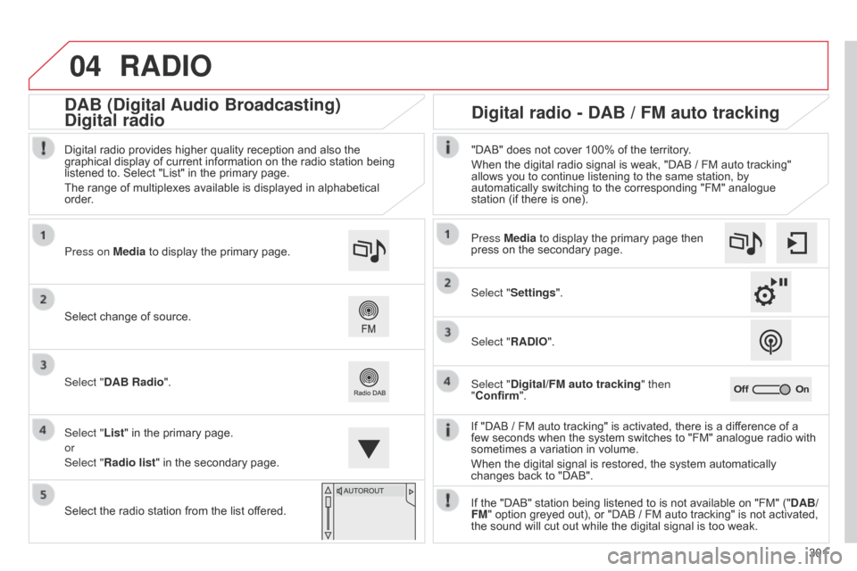 Citroen C4 2014.5 2.G Manual PDF 04
301
RADIO
If "DAB / FM auto tracking" is activated, there is a difference of a few seconds  when  the  system  switches  to  "FM"  analogue  radio  with Â
sometim Citroen C4 2014.5 2.G Manual PDF 04
301
RADIO
If "DAB / FM auto tracking" is activated, there is a difference of a few seconds  when  the  system  switches  to  "FM"  analogue  radio  with Â
sometim