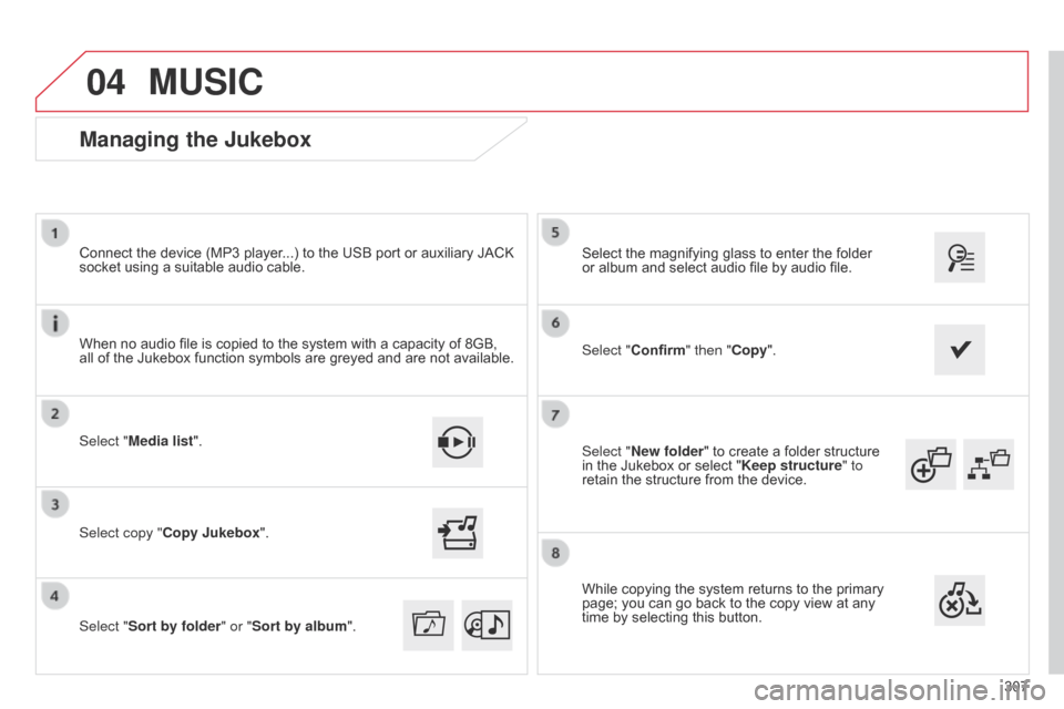 Citroen C4 2014.5 2.G Owners Manual 04
307
Select "New folder"
 
to
 
create
 
a
 
folder
 
structure
 
in

 
the
 
Jukebox
 
or
 
select
 
"
Keep structure " to 
retain
 
the
 
structure
 
from
 
the
 
device.
Select
 