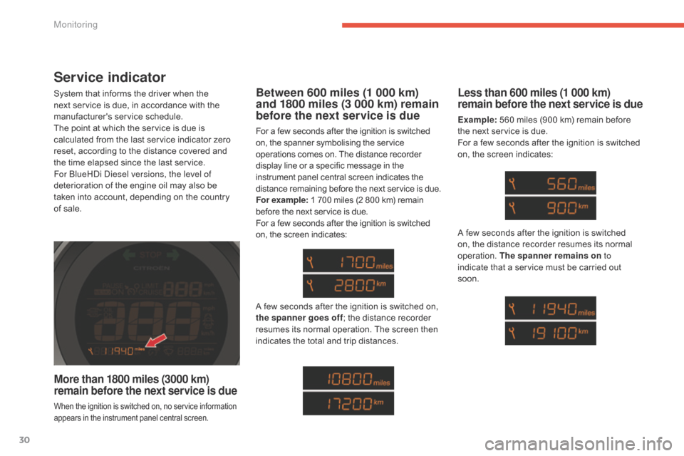 Citroen C4 2014.5 2.G Owners Manual 30
Service indicator
System that informs the driver when the next   service   is   due,   in   accordance   with   the  
ma

nufacturers
 ser
 vice
 s
 chedule.
The
  point   at  