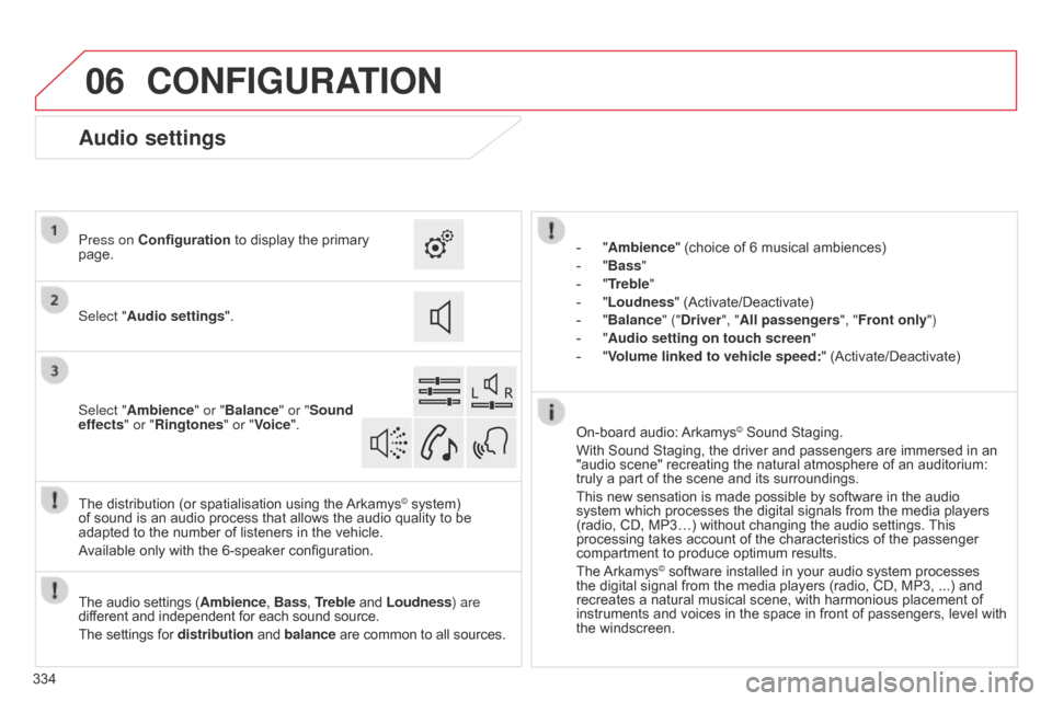 Citroen C4 2014.5 2.G Owners Manual 06
334
CONFIGURATION
- "Ambience" (choice of 6 musical ambiences)
-
"
Bass "
-
"
Treble"
-
"
Loudness" (Activate/Deactivate)
-
"
Balance" ("Driver ", "All passengers Citroen C4 2014.5 2.G Owners Manual 06
334
CONFIGURATION
- "Ambience" (choice of 6 musical ambiences)
-
"
Bass "
-
"
Treble"
-
"
Loudness" (Activate/Deactivate)
-
"
Balance" ("Driver ", "All passengers