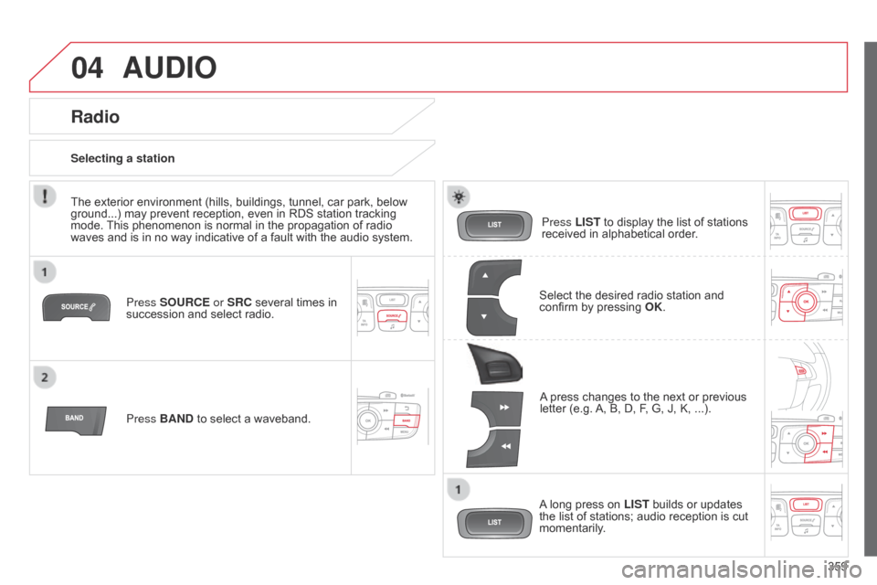 Citroen C4 2014.5 2.G Owners Manual 04
359
AUDIO
Press SOURCE or SRC several times in succession and  select  radio.
Press BAND
Â
to  select  a  waveband. Press LIST
Â
to  display  the  list  of  stations  Citroen C4 2014.5 2.G Owners Manual 04
359
AUDIO
Press SOURCE or SRC several times in succession and  select  radio.
Press BAND
Â
to  select  a  waveband. Press LIST
Â
to  display  the  list  of  stations Â