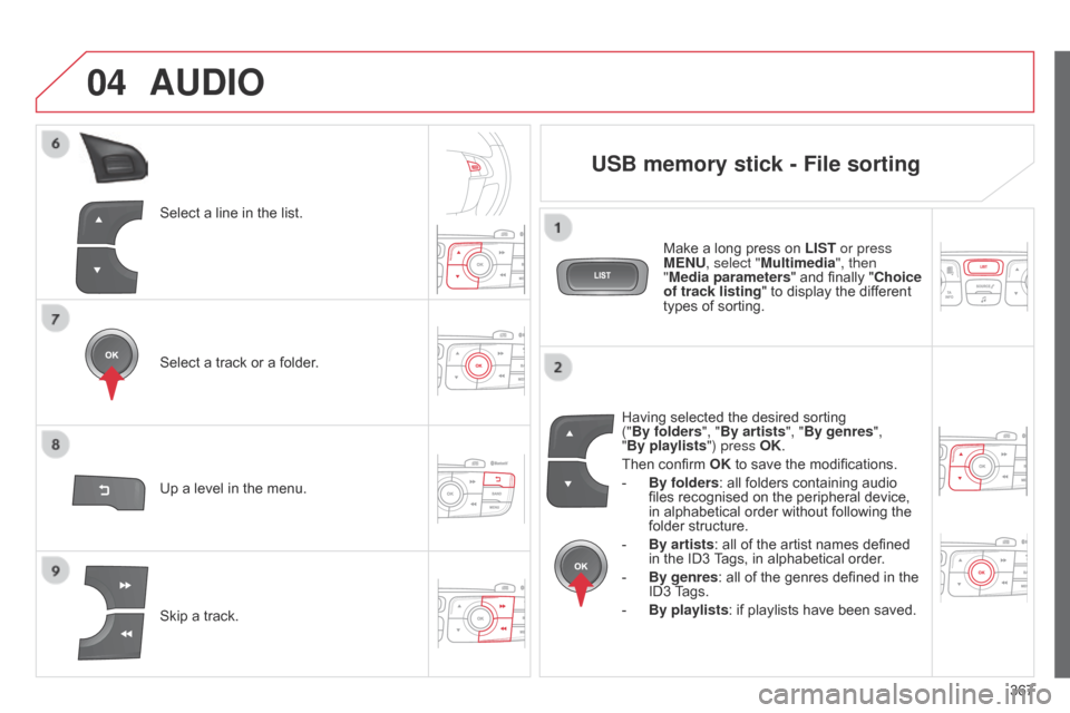 Citroen C4 2014.5 2.G Owners Manual 04
367
Select
Â
a
Â
line
Â
in
Â
the
Â
list.
Select
Â
a
Â
track
Â
or
Â
a
Â
folder.
Skip
Â
a
Â
track.
Up
Â
a
Â
level
Â
in
Â
the
Â
menu.
AUDIO
USB memory stick - File sorting
Having sel Citroen C4 2014.5 2.G Owners Manual 04
367
Select
Â
a
Â
line
Â
in
Â
the
Â
list.
Select
Â
a
Â
track
Â
or
Â
a
Â
folder.
Skip
Â
a
Â
track.
Up
Â
a
Â
level
Â
in
Â
the
Â
menu.
AUDIO
USB memory stick - File sorting
Having sel