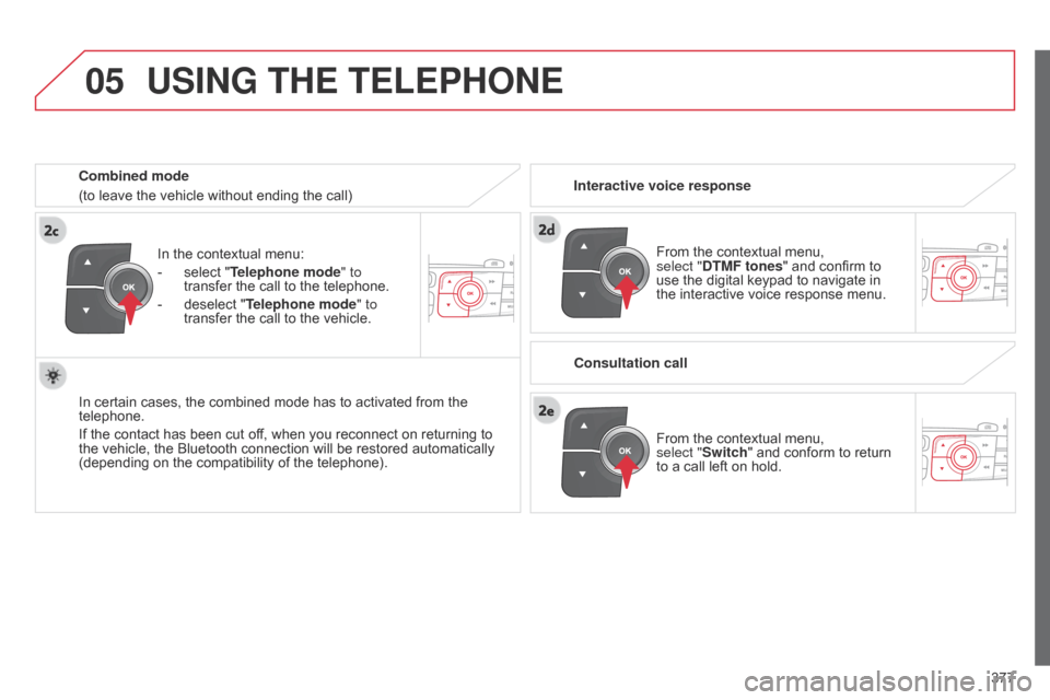 Citroen C4 2014.5 2.G Owners Guide  
05
377
In
 
the
 
contextual
 
menu:
-
 
select

 
"Telephone mode
" to 
transfer
 
the
 
call
 
to
 
the
 
telephone.
-
 
deselect

 
"Telephone mode" to 
transfer
 
the
 
call
 
to
