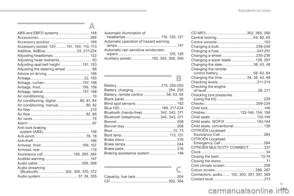 Citroen C4 2014.5 2.G Owners Manual 389
ABS and EBFD systems ..............................14 8ac
cessories .............................. ...................269
ac

cessory position
 ...................................... 16

5
A