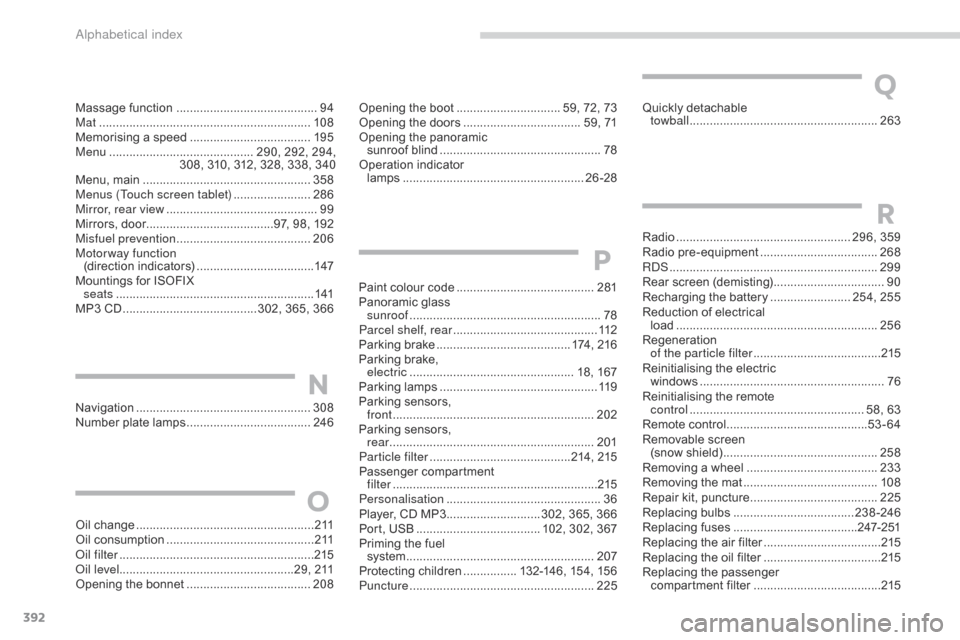 Citroen C4 2014.5 2.G Owners Manual 392
Radio .................................................... 296,   359
Radio pr e-equipment ................................... 26
8
R
dS ................

....................................