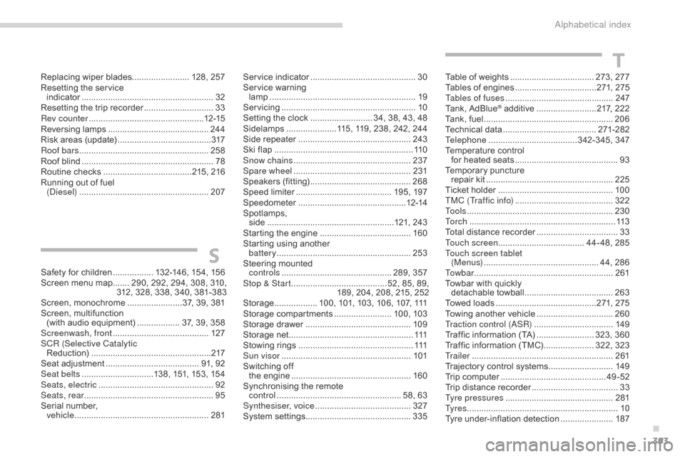 Citroen C4 2014.5 2.G Owners Manual 393
Replacing wiper blades........................ 128,   257
Resetting   the   service    
indicator
 ...............................

........................32
Resetting
  the   trip   re