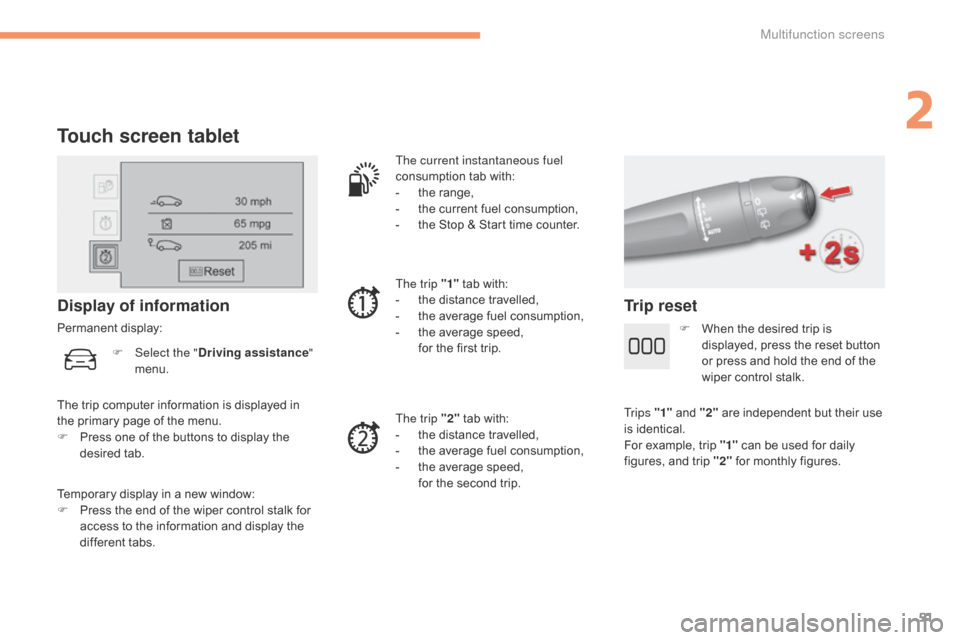 Citroen C4 2014.5 2.G Owners Manual 51
Touch screen tablet
Temporary display in a new window:
F  P ress   the   end   of   the   wiper   control   stalk   for  
a

ccess   to   the   information   and   display   th