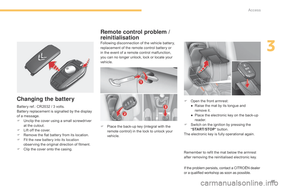 Citroen C4 2014.5 2.G Owners Manual 63
Changing the battery
Following disconnection of the vehicle battery, replacement   of   the   remote   control   battery   or  
i

n   the   event   of   a   remote   control   