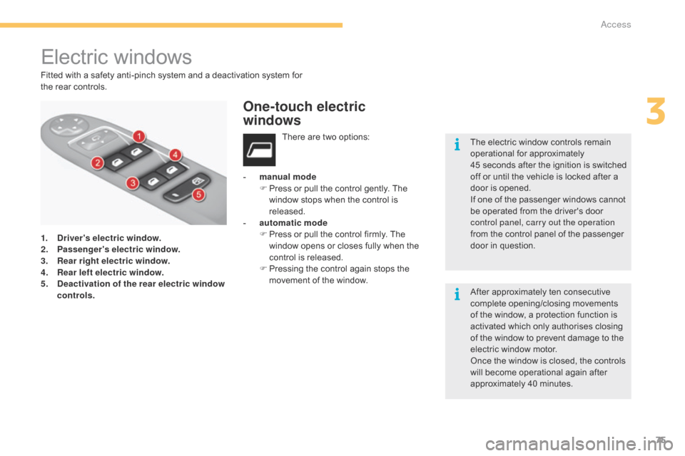 Citroen C4 2014.5 2.G Owners Manual 75
Electric windows
1. Drivers electric window.
2. Passengers electric window.
3.
 R

ear right electric window.
4.
 R

ear left electric window.
5.
 D

eactivation of the rear electric window 
con