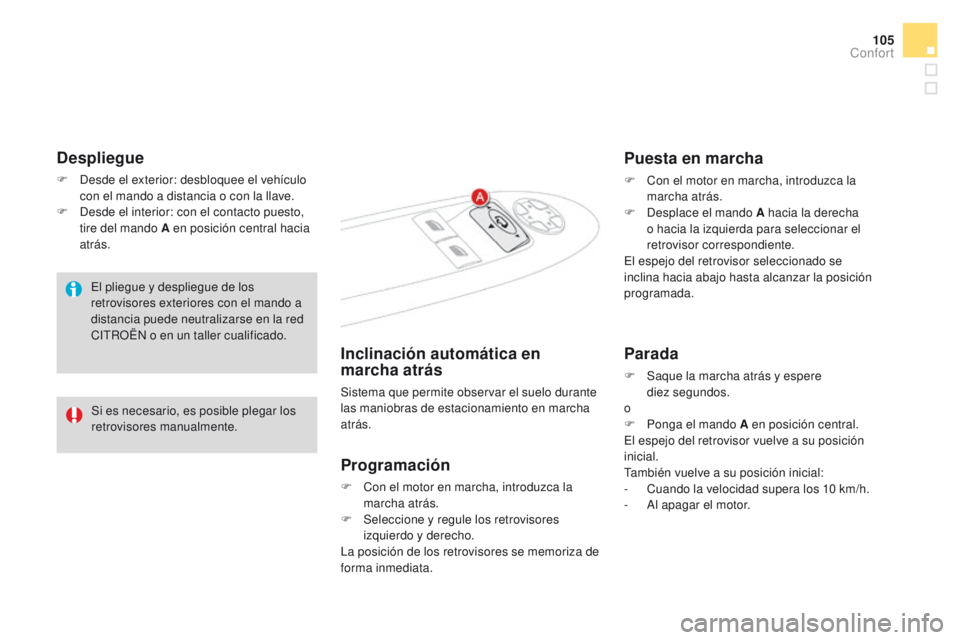 CITROEN DS4 2015 Manuales de Empleo (in Spanish) 105
DS4_es_Chap03_confort_ed02-2015
Despliegue
F Desde el exterior: desbloquee el vehículo con el mando a distancia o con la llave.
F
D
esde el interior: con el contacto puesto,
tire del mando A CITROEN DS4 2015 Manuales de Empleo (in Spanish) 105
DS4_es_Chap03_confort_ed02-2015
Despliegue
F Desde el exterior: desbloquee el vehículo con el mando a distancia o con la llave.
F
D
esde el interior: con el contacto puesto,
tire del mando A