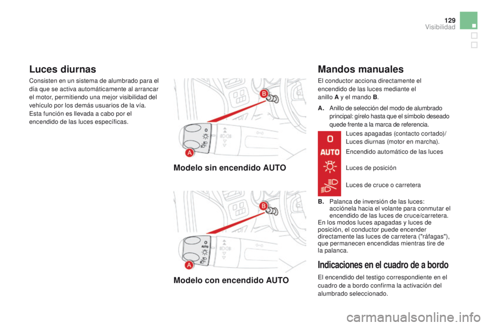 CITROEN DS4 2015  Manuales de Empleo (in Spanish) 129
DS4_es_Chap05_visibilite_ed02-2015
Modelo sin encendido AUTO
Modelo con encendido AUTO
Mandos manuales
El conductor acciona directamente el 
encendido de las luces mediante el  
anillo A y el mand