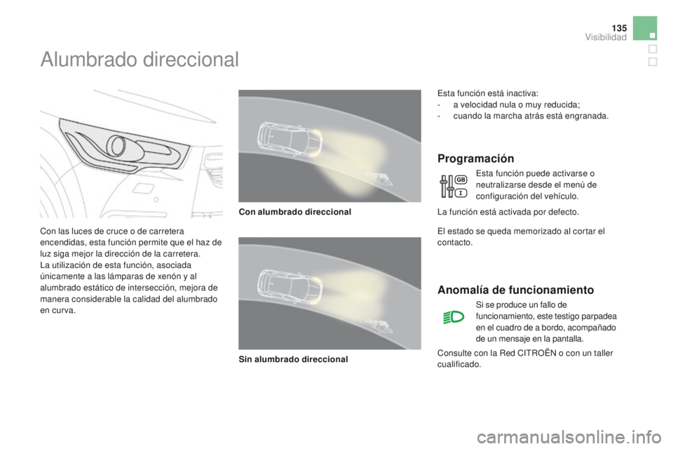 CITROEN DS4 2015  Manuales de Empleo (in Spanish) 135
DS4_es_Chap05_visibilite_ed02-2015
Alumbrado direccional
Con las luces de cruce o de carretera 
encendidas, esta función permite que el haz de 
luz siga mejor la dirección de la carretera.
La ut