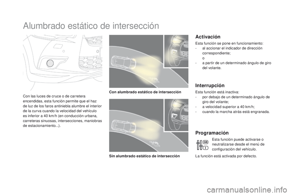 CITROEN DS4 2015  Manuales de Empleo (in Spanish) DS4_es_Chap05_visibilite_ed02-2015
Alumbrado estático de intersección
Con las luces de cruce o de carretera 
encendidas, esta función permite que el haz 
de luz de los faros antiniebla alumbre el i