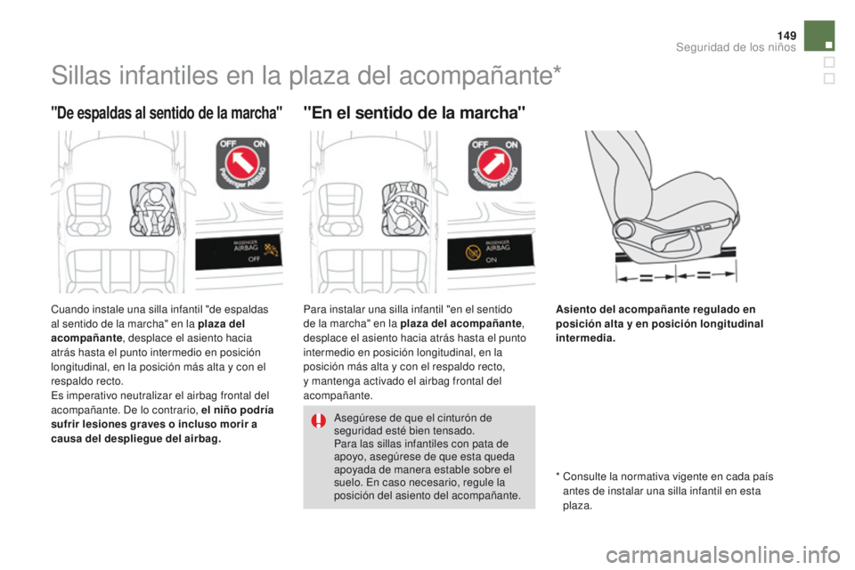 CITROEN DS4 2015  Manuales de Empleo (in Spanish) 149
DS4_es_Chap06_securite-enfants_ed02-2015
Sillas infantiles en la plaza del acompañante*
"De espaldas al sentido de la marcha""En el sentido de la marcha"
Asiento del acompañante 
