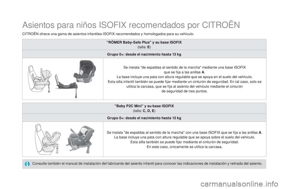 CITROEN DS4 2015  Manuales de Empleo (in Spanish) DS4_es_Chap06_securite-enfants_ed02-2015
Asientos para niños ISOFIX recomendados por CITROËN
Consulte también el manual de instalación del fabricante del asiento infantil para conocer las indicaci