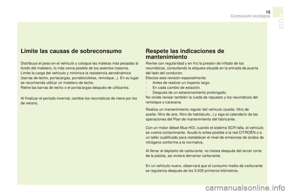 CITROEN DS4 2015 Manuales de Empleo (in Spanish) 15
DS4_es_Chap00c_eco-conduite_ed02-2015
Limite las causas de sobreconsumo
Distribuya el peso en el vehículo y coloque las maletas más pesadas al
fondo del maletero, lo más cerca posible de los as CITROEN DS4 2015 Manuales de Empleo (in Spanish) 15
DS4_es_Chap00c_eco-conduite_ed02-2015
Limite las causas de sobreconsumo
Distribuya el peso en el vehículo y coloque las maletas más pesadas al
fondo del maletero, lo más cerca posible de los as