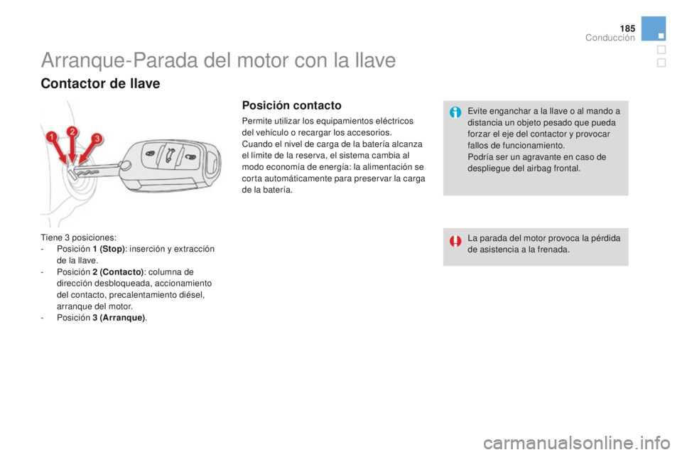 CITROEN DS4 2015  Manuales de Empleo (in Spanish) 185
DS4_es_Chap08_conduite_ed02-2015
Evite enganchar a la llave o al mando a 
distancia un objeto pesado que pueda 
forzar el eje del contactor y provocar 
fallos de funcionamiento.
Podría ser un agr