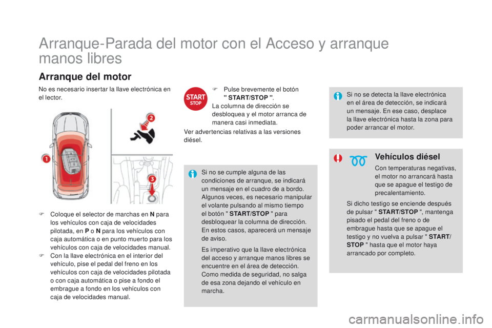 CITROEN DS4 2015  Manuales de Empleo (in Spanish) DS4_es_Chap08_conduite_ed02-2015
Arranque-Parada del motor con el Acceso y arranque  
manos libres
Arranque del motor
F Coloque el selector de marchas en N para los vehículos con caja de velocidades 