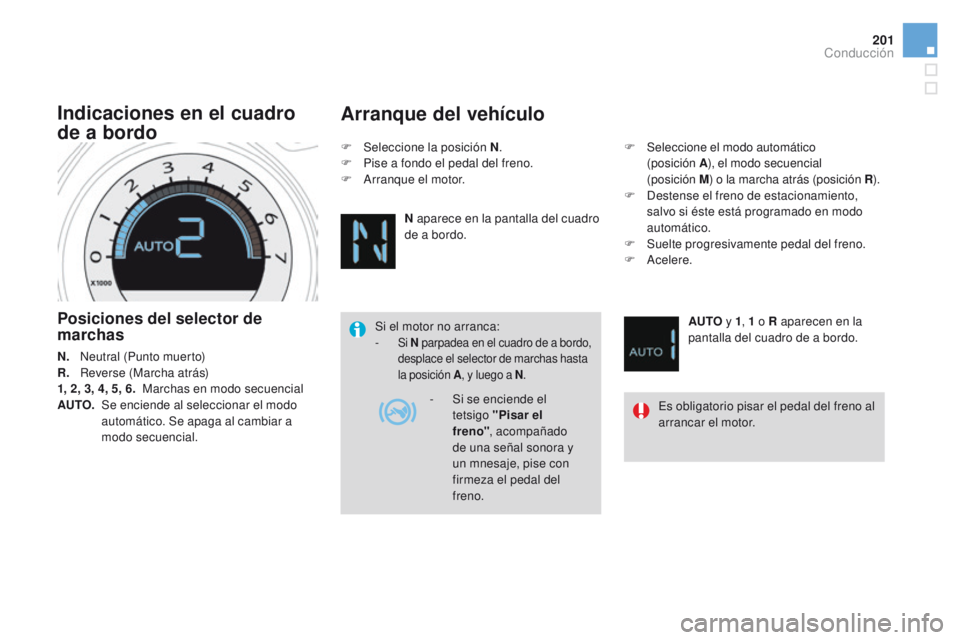 CITROEN DS4 2015 Manuales de Empleo (in Spanish) 201
DS4_es_Chap08_conduite_ed02-2015
Posiciones del selector de
marchas
N. Neutral (Punto muerto)
R.
R everse (Marcha atrás)
1, 2, 3, 4, 5, 6. Marchas en modo secuencial
AUTO.
S
e encien CITROEN DS4 2015 Manuales de Empleo (in Spanish) 201
DS4_es_Chap08_conduite_ed02-2015
Posiciones del selector de
marchas
N. Neutral (Punto muerto)
R.
R everse (Marcha atrás)
1, 2, 3, 4, 5, 6. Marchas en modo secuencial
AUTO.
S
e encien