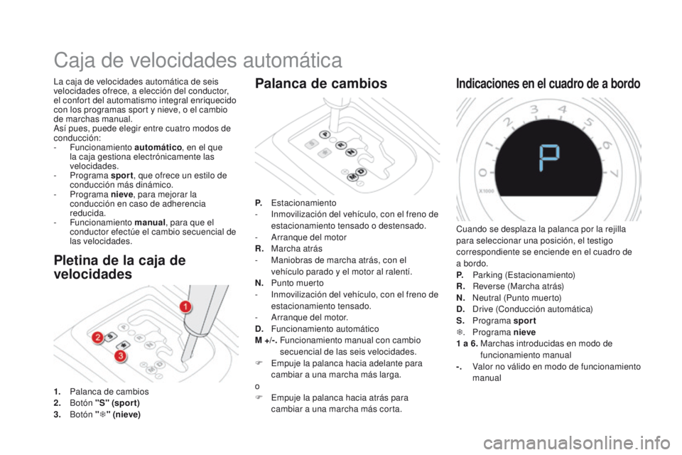 CITROEN DS4 2015 Manuales de Empleo (in Spanish) DS4_es_Chap08_conduite_ed02-2015
Caja de velocidades automática
Pletina de la caja de
velocidades
La caja de velocidades automática de seis
velocidades ofrece, a elección del conductor,
el confo CITROEN DS4 2015 Manuales de Empleo (in Spanish) DS4_es_Chap08_conduite_ed02-2015
Caja de velocidades automática
Pletina de la caja de
velocidades
La caja de velocidades automática de seis
velocidades ofrece, a elección del conductor,
el confo