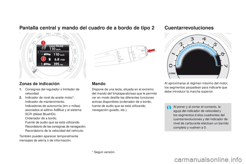 CITROEN DS4 2015  Manuales de Empleo (in Spanish) DS4_es_Chap01_controle-de-marche_ed02-2015
Pantalla central y mando del cuadro de a bordo de tipo 2
Zonas de indicación
1. Consignas del regulador o limitador de velocidad
2.
 I

ndicador de nivel de