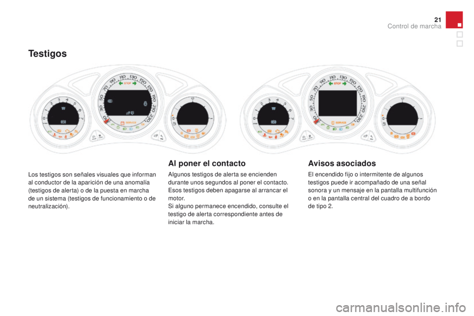 CITROEN DS4 2015  Manuales de Empleo (in Spanish) 21
DS4_es_Chap01_controle-de-marche_ed02-2015
Los testigos son señales visuales que informan 
al conductor de la aparición de una anomalía 
(testigos de alerta) o de la puesta en marcha 
de un sist