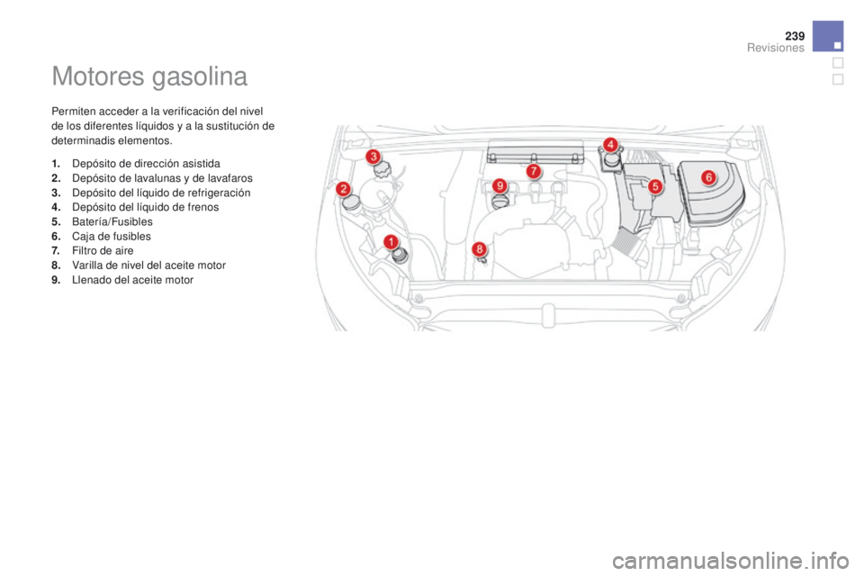 CITROEN DS4 2015  Manuales de Empleo (in Spanish) 239
DS4_es_Chap09_verifications_ed02-2015
Motores gasolina
Permiten acceder a la verificación del nivel 
de los diferentes líquidos y a la sustitución de 
determinadis elementos.
1.
 D
epósito de 