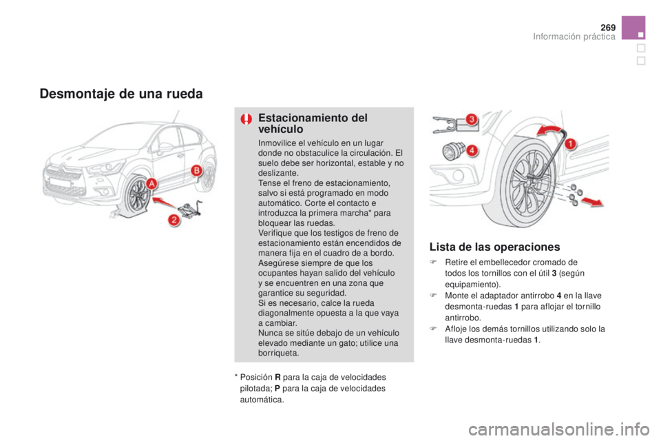 CITROEN DS4 2015 Manuales de Empleo (in Spanish) 269
DS4_es_Chap10_info-pratiques_ed02-2015
Desmontaje de una rueda
Estacionamiento del
vehículo
Inmovilice el vehículo en un lugar
donde no obstaculice la circulación. El
suelo debe ser horizont CITROEN DS4 2015 Manuales de Empleo (in Spanish) 269
DS4_es_Chap10_info-pratiques_ed02-2015
Desmontaje de una rueda
Estacionamiento del
vehículo
Inmovilice el vehículo en un lugar
donde no obstaculice la circulación. El
suelo debe ser horizont