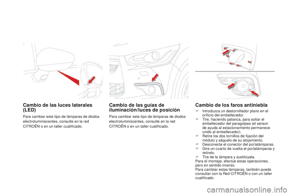 CITROEN DS4 2015 Manuales de Empleo (in Spanish) DS4_es_Chap10_info-pratiques_ed02-2015
Cambio de las luces laterales
(LED)
Para cambiar este tipo de lámparas de diodos
electroluminiscentes, consulte en la red
CITROËN o en un taller cualificado CITROEN DS4 2015 Manuales de Empleo (in Spanish) DS4_es_Chap10_info-pratiques_ed02-2015
Cambio de las luces laterales
(LED)
Para cambiar este tipo de lámparas de diodos
electroluminiscentes, consulte en la red
CITROËN o en un taller cualificado