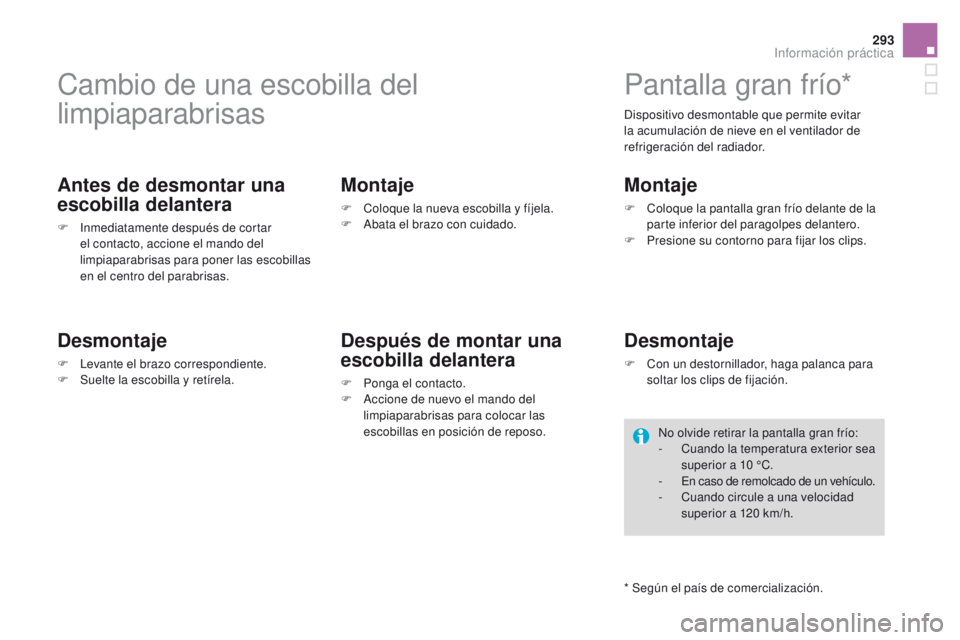 CITROEN DS4 2015 Manuales de Empleo (in Spanish) 293
DS4_es_Chap10_info-pratiques_ed02-2015
Cambio de una escobilla del
limpiaparabrisas
Antes de desmontar una
escobilla delantera
F Inmediatamente después de cortar el contacto, accione el mando d CITROEN DS4 2015 Manuales de Empleo (in Spanish) 293
DS4_es_Chap10_info-pratiques_ed02-2015
Cambio de una escobilla del
limpiaparabrisas
Antes de desmontar una
escobilla delantera
F Inmediatamente después de cortar el contacto, accione el mando d